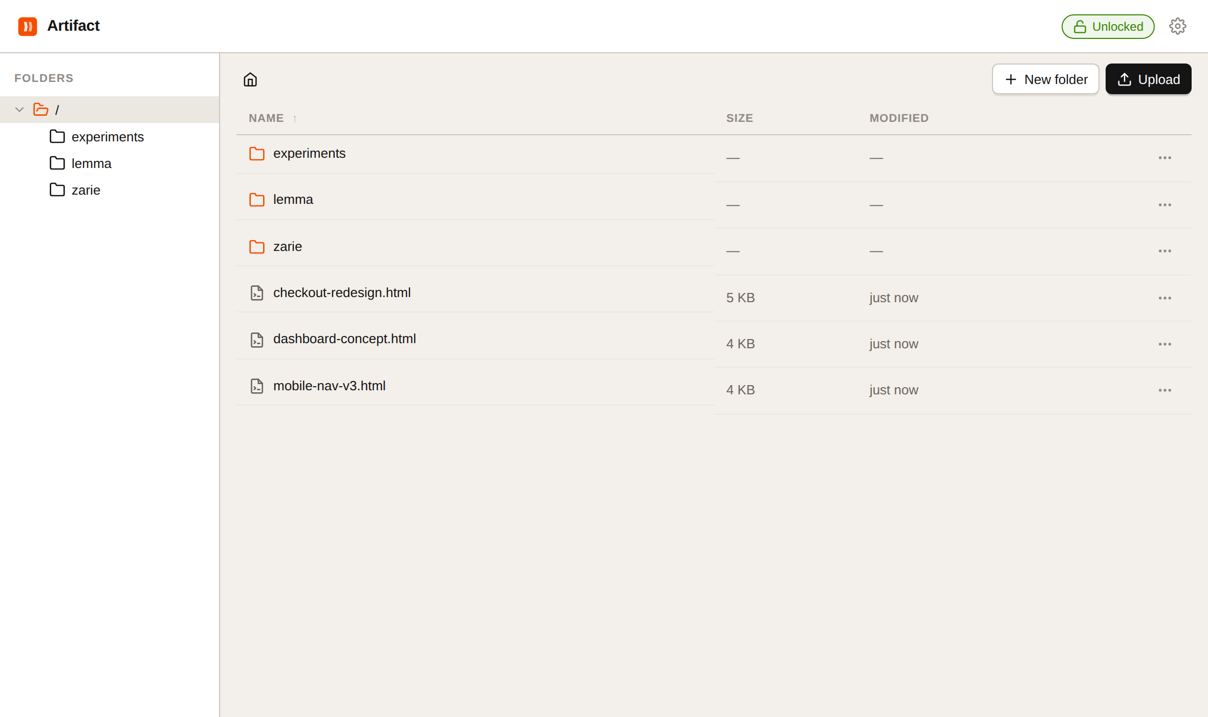 artifact — folder explorer with uploaded html prototypes