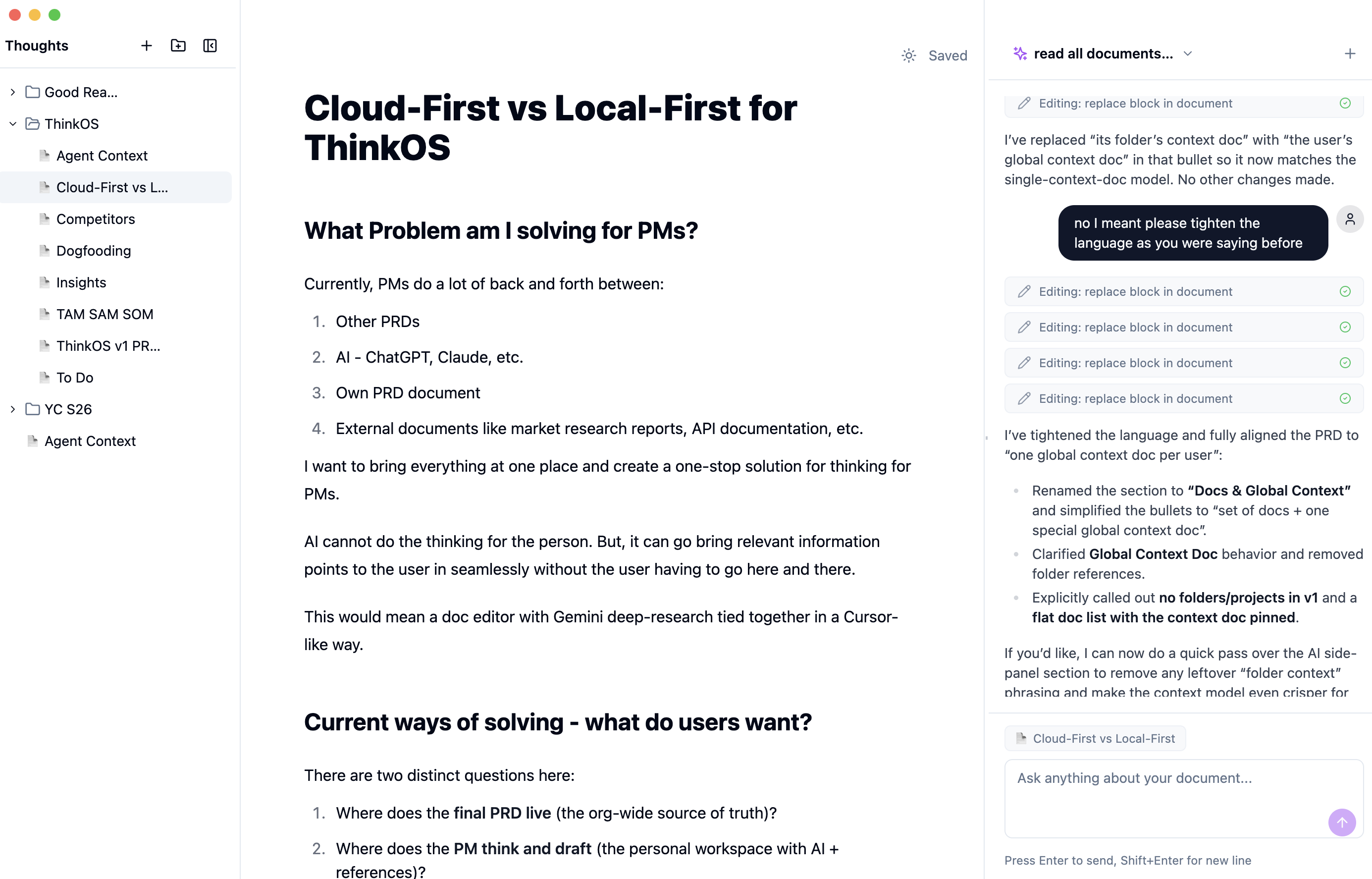 lemma v0: electron app with document tree, rich text editor, and ai chat sidebar performing block-level edits