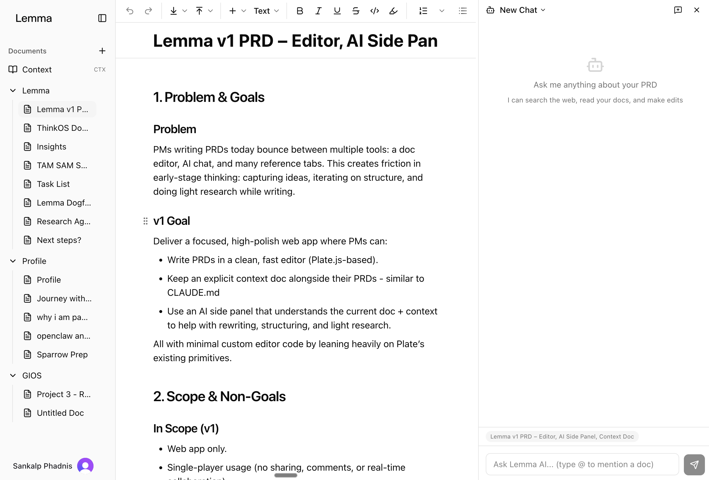 lemma v1: web app with plate.js editor, document sidebar, and ai chat panel