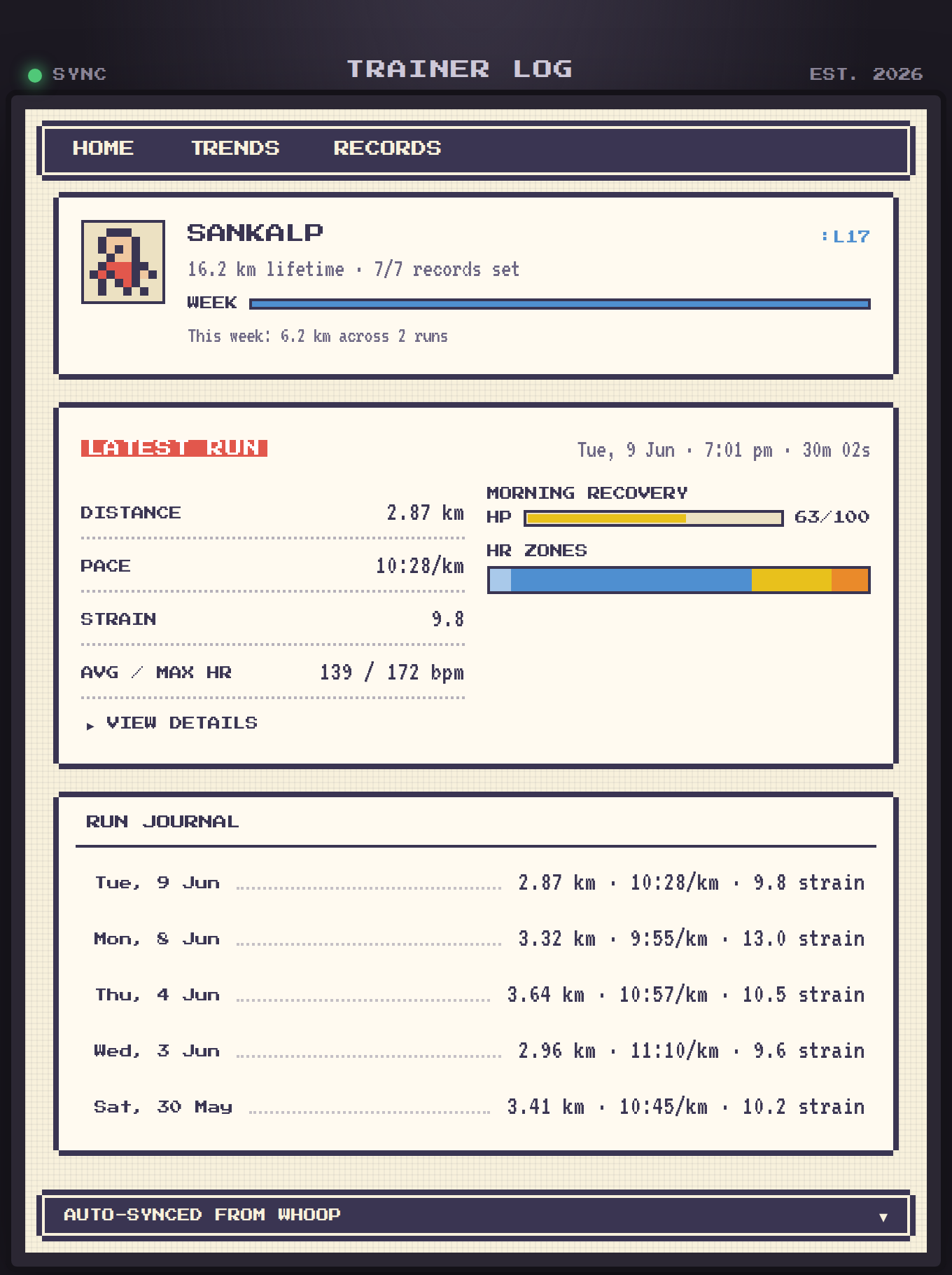 run log — pokémon-style trainer card and run journal